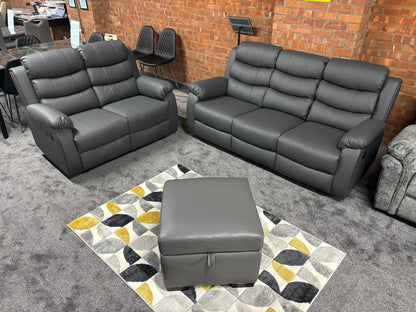 Lando Grey Leather 3 + 2 Seater + Storage Footstool Reclining Sofa Set With Drinks Tray Table Plus A High Backrest & Seating Position | Couch |