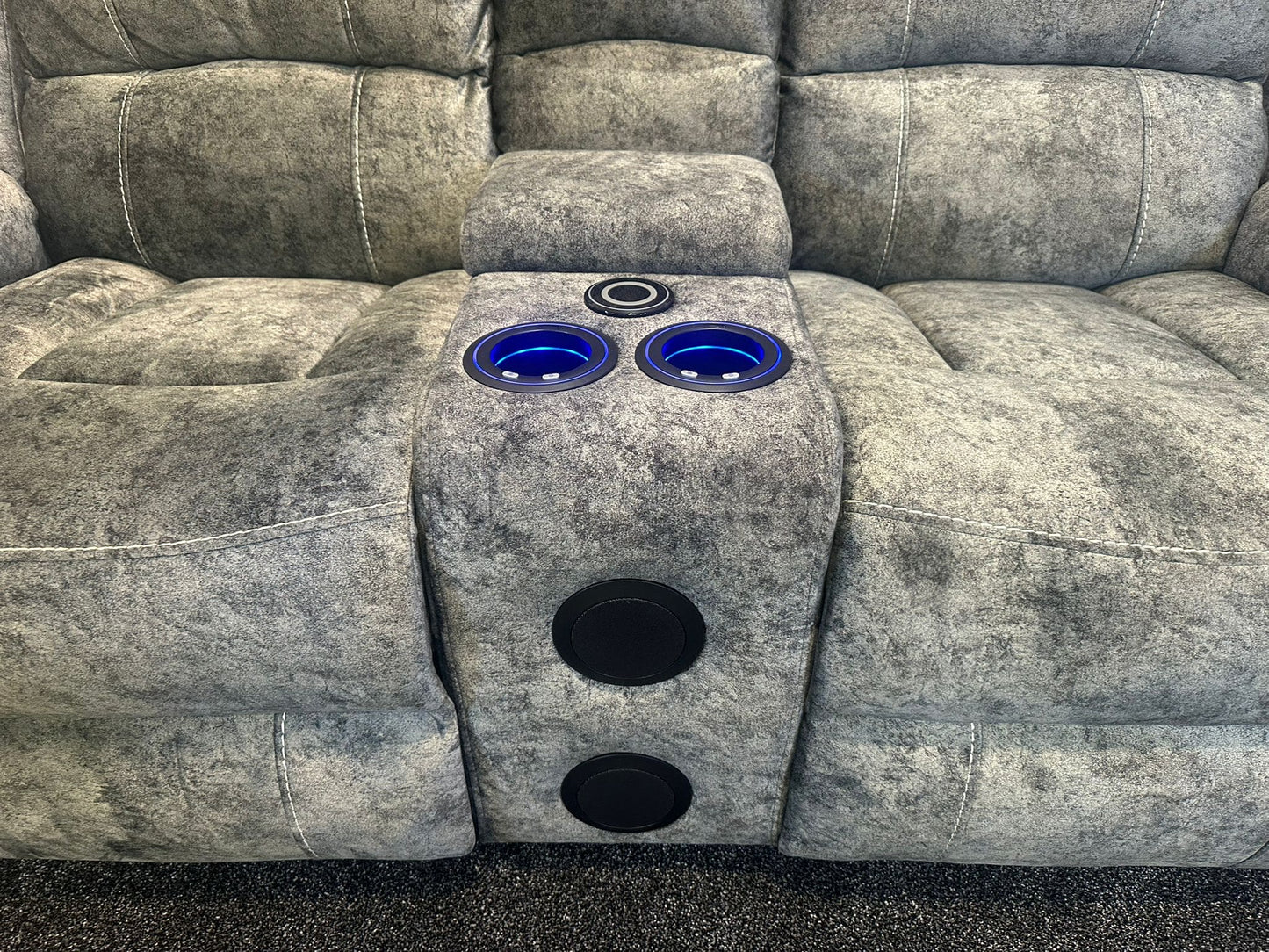 GALAXY Grey Plush Velvet ELECTRIC RECLINING 2 Seater Sofa With Drinks Cooling Cupholders Console. With USB Charging Ports & 2 Stage Reclining Feature