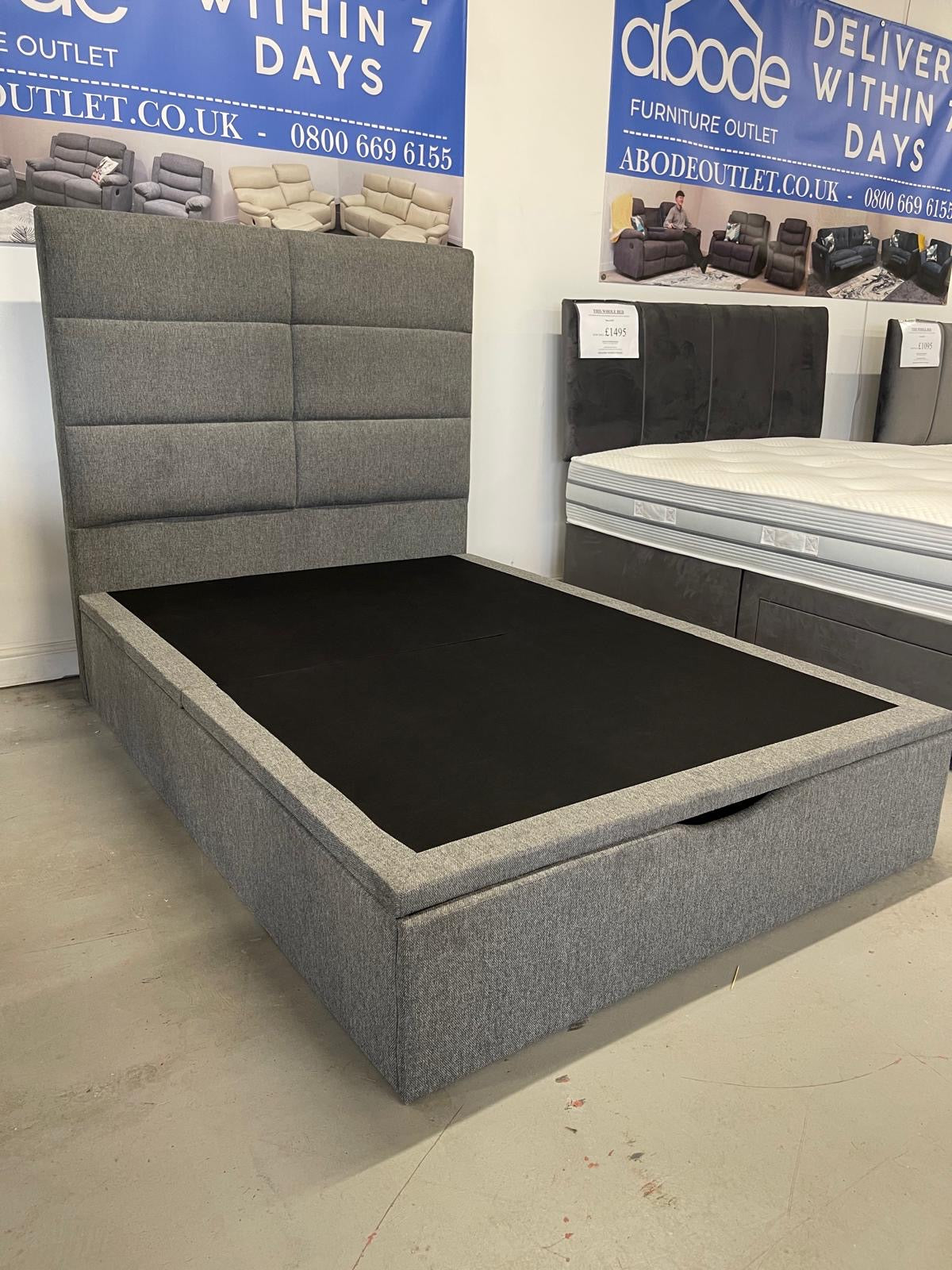 'Indulgence' Grey Fabric Ottoman Bed Frame & Firm Mattress Package - Available In 4'6ft Double or 5ft King
