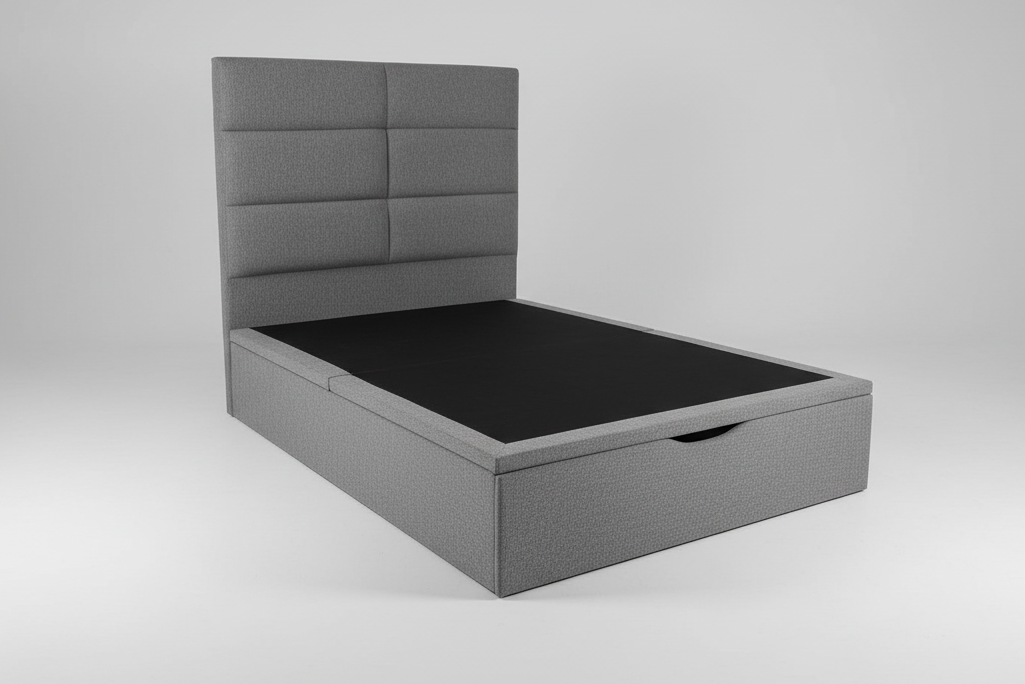 'Indulgence' Grey Fabric Ottoman Bed Frame & Firm Mattress Package - Available In 4'6ft Double or 5ft King