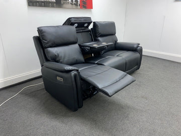 Supreme Power Recliner Black Leather 3 Seater Sofa - Drinks Tray Table Sofas