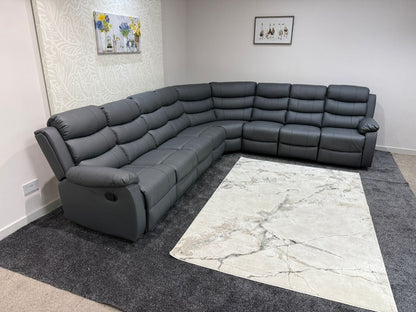 "Lando" Grey Leather 4C3 Recliner Corner Sofa Reversible | 2 x Drinks Tray Tables | Modular