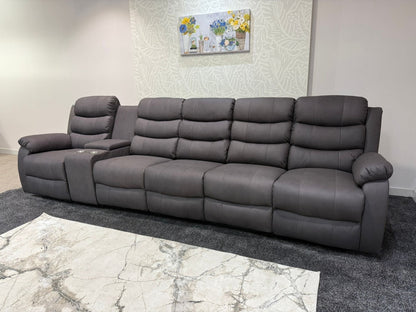 Willow Grey Easy Clean Fabric 5 Seater Sofa With Drinks Console | Fold Down Tray Table, High Headrest & Seating Position Couch