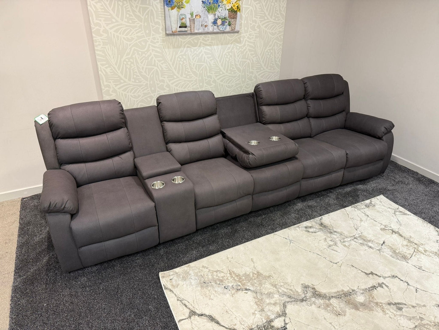 Willow Grey Easy Clean Fabric 5 Seater Sofa With Drinks Console | Fold Down Tray Table, High Headrest & Seating Position Couch