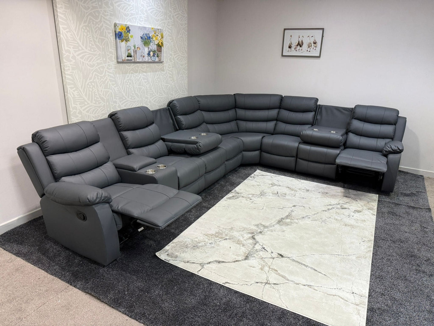 "Lando" Grey Leather 4C3C Recliner Corner Sofa Reversible | 2 x Drinks Tray Table | Modular