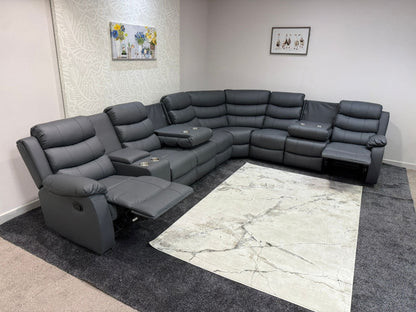 "Lando" Grey Leather 4C3C Recliner Corner Sofa Reversible | 2 x Drinks Tray Table | Modular