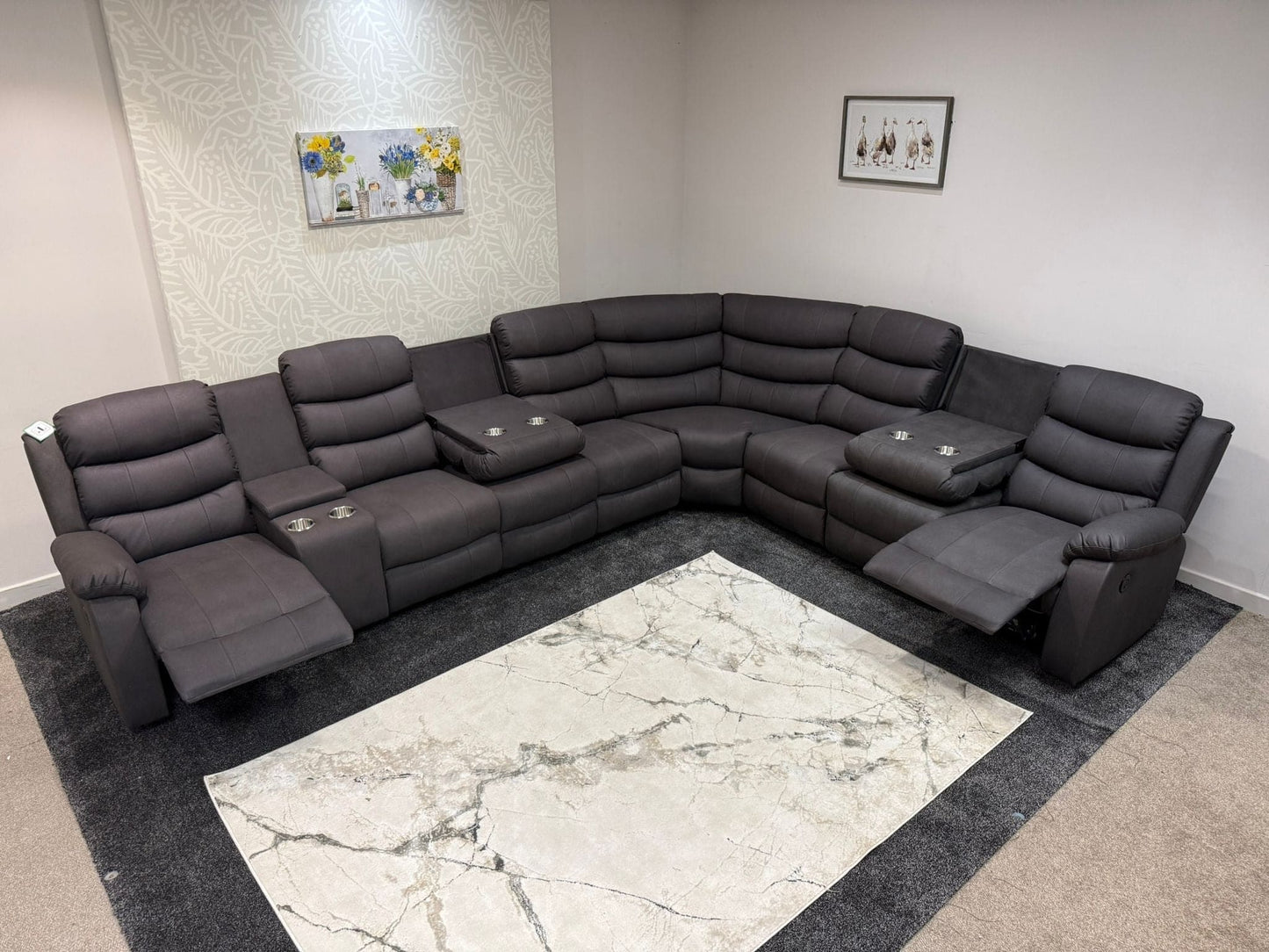 "Willow" Dark Grey Fabric 4C3C Recliner Corner Sofa | Drinks Tray Table | Easy Clean Fabric | Modular