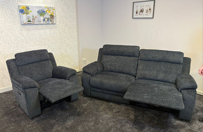 "Barretta" Electric / Power Reclining Grey Fabric Sofa Set - USB Charging & Drinks Tray Table