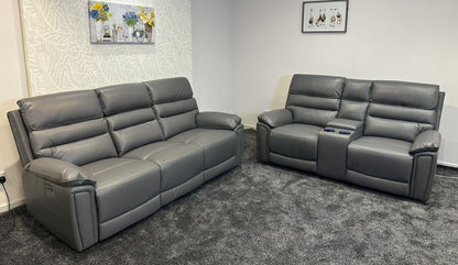 Donald Grey Leather Electric / Power Reclining 3 Seater + 2 Seater Sofa Suite Set With Drinks Coolers USB Charging Ports & Drop Down Tray Table