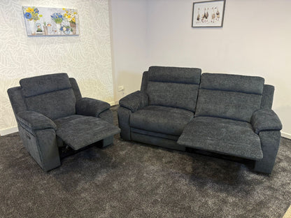 "Barretta" Electric / Power Reclining Grey Fabric Sofa Set - USB Charging & Drinks Tray Table