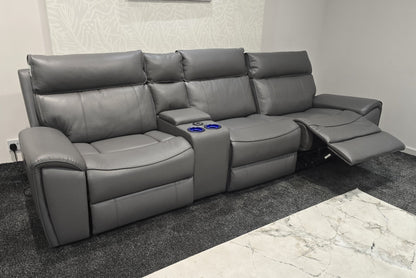 "Ronan" Reversible Cinema 5 Seater Sofa In Milano Grey Leather & With Electric Recliners, Drinks Coolers, Wireless Charging & Storage. Laf + Raf + Armless Tech Console