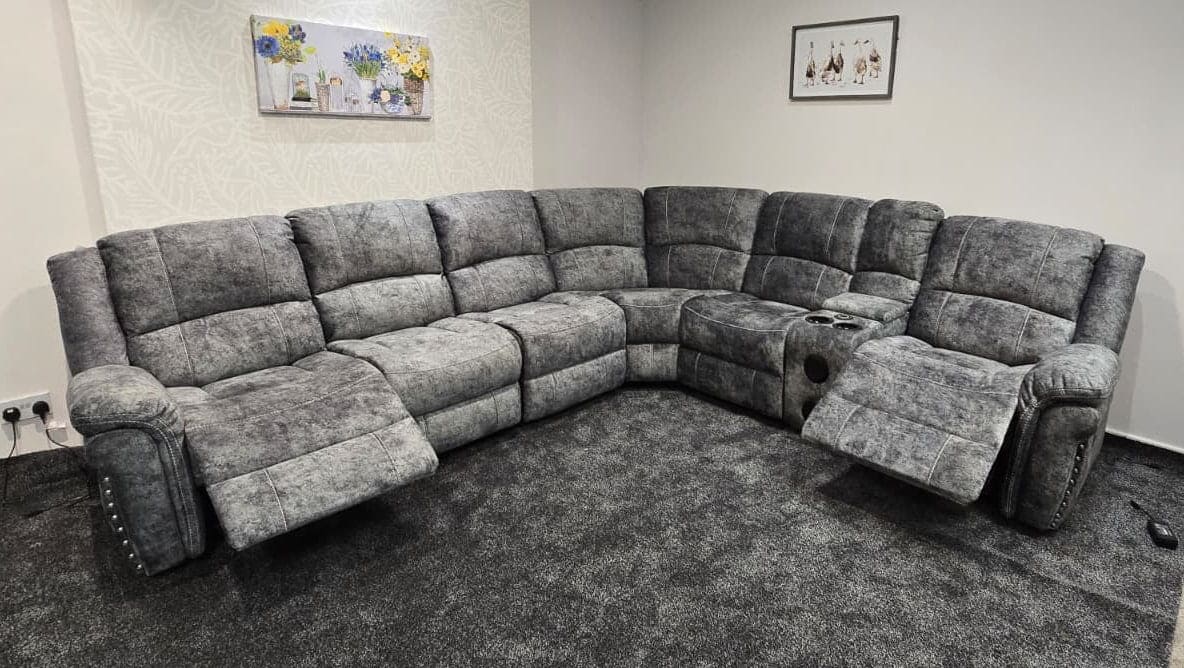 GALAXY Grey Plush Velvet Fabric Electric Reclining 3C2C Corner Sofa, Drinks Coolers & USB Ports