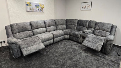 GALAXY Grey Plush Velvet Fabric Electric Reclining 3C2C Corner Sofa, Drinks Coolers & USB Ports