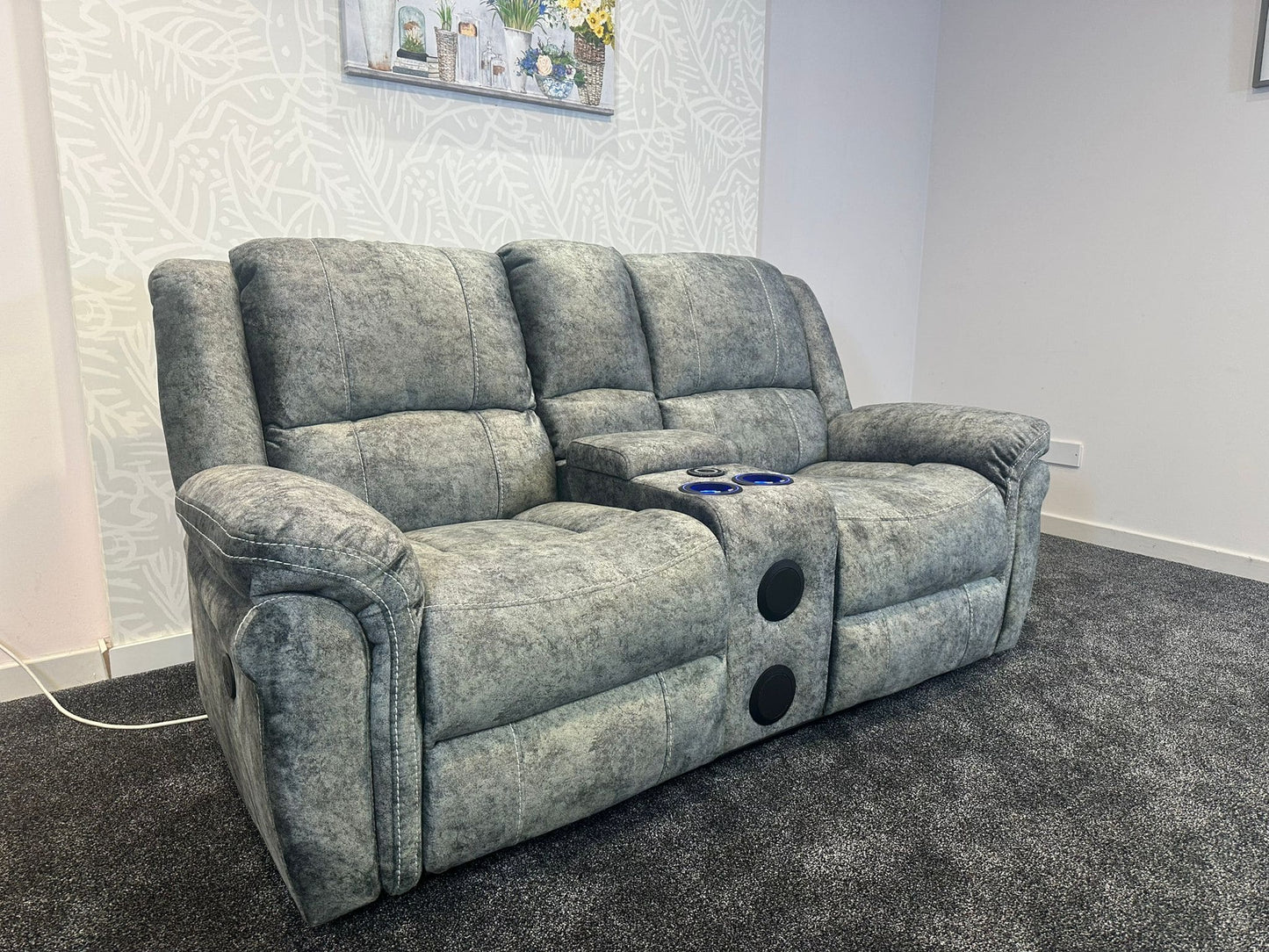 GALAXY Grey Plush Velvet ELECTRIC RECLINING 2 Seater Sofa With Drinks Cooling Cupholders Console. With USB Charging Ports & 2 Stage Reclining Feature