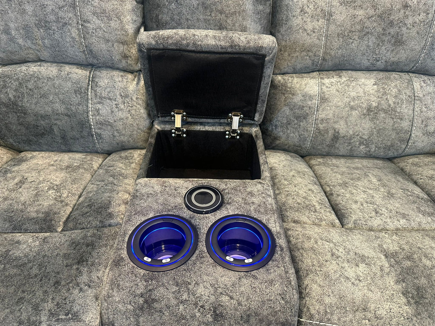 GALAXY Grey Plush Velvet ELECTRIC RECLINING 2 Seater Sofa With Drinks Cooling Cupholders Console. With USB Charging Ports & 2 Stage Reclining Feature
