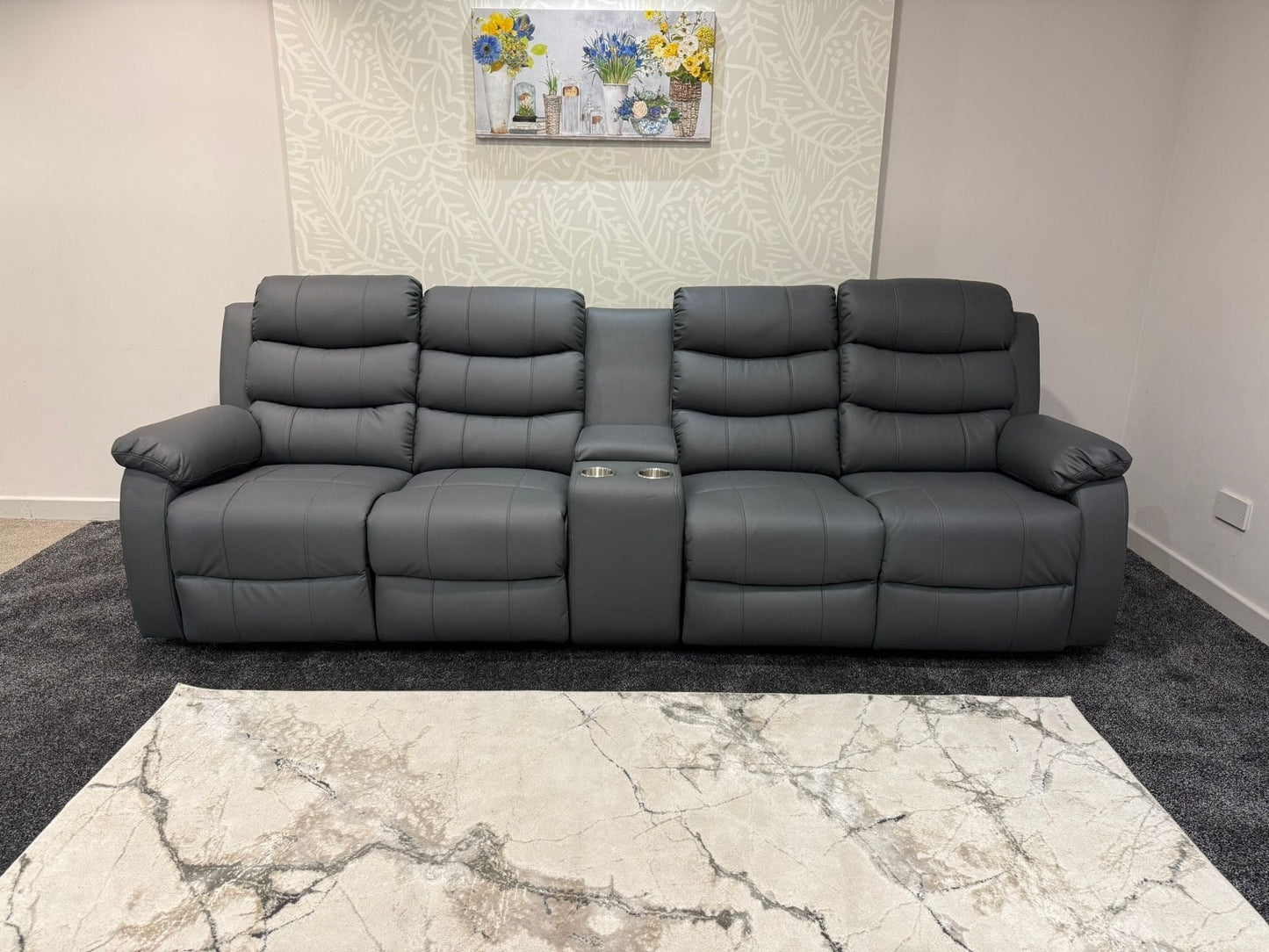 Lando Grey Leather 4 Seater Sofa With Drinks Console | Fold Down Tray Table, High Headrest & Seating Position Couch
