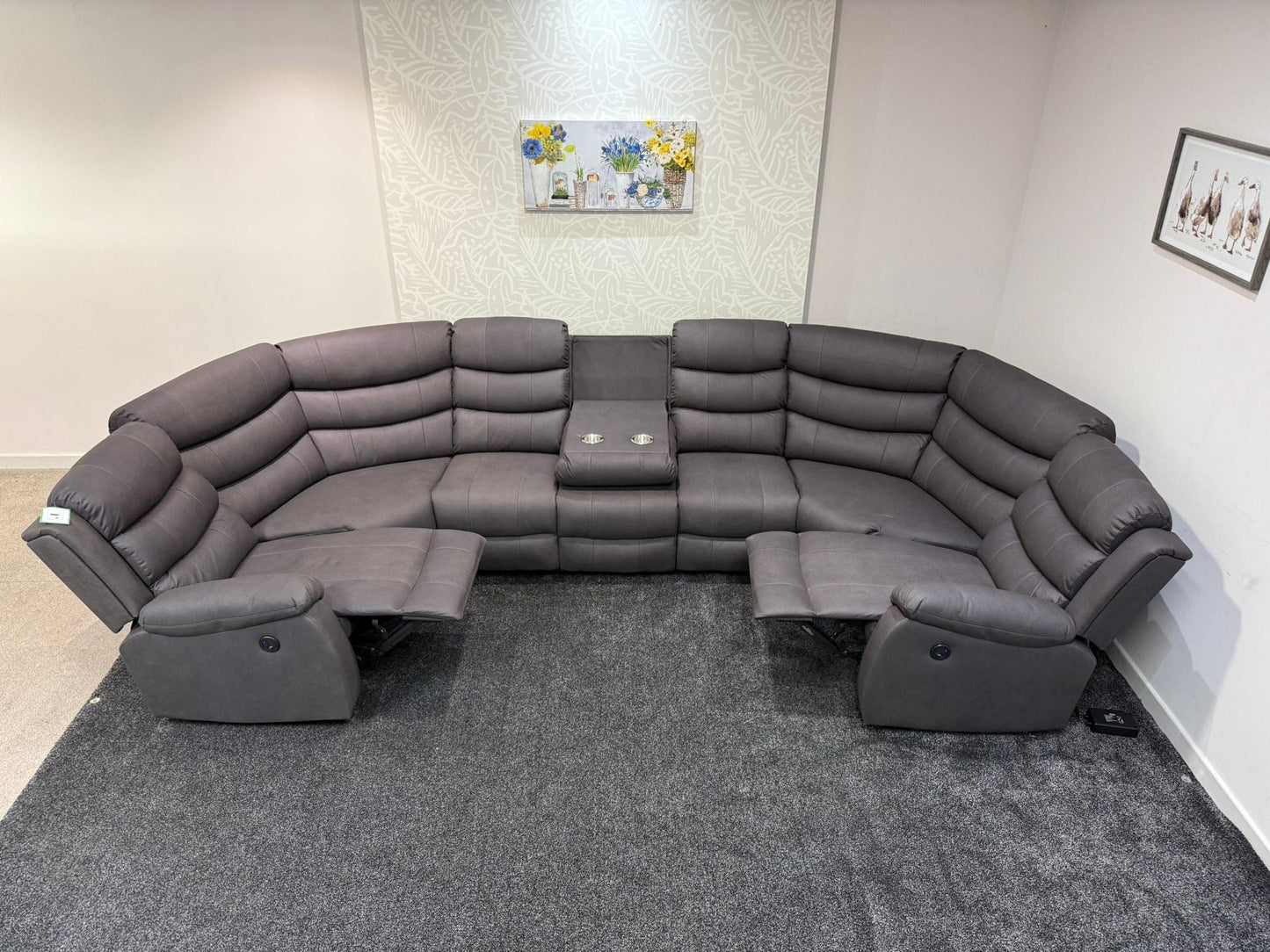 Willow Grey Fabric U Shape Corner Sofa With Drinks console & Fold down Tray Tables