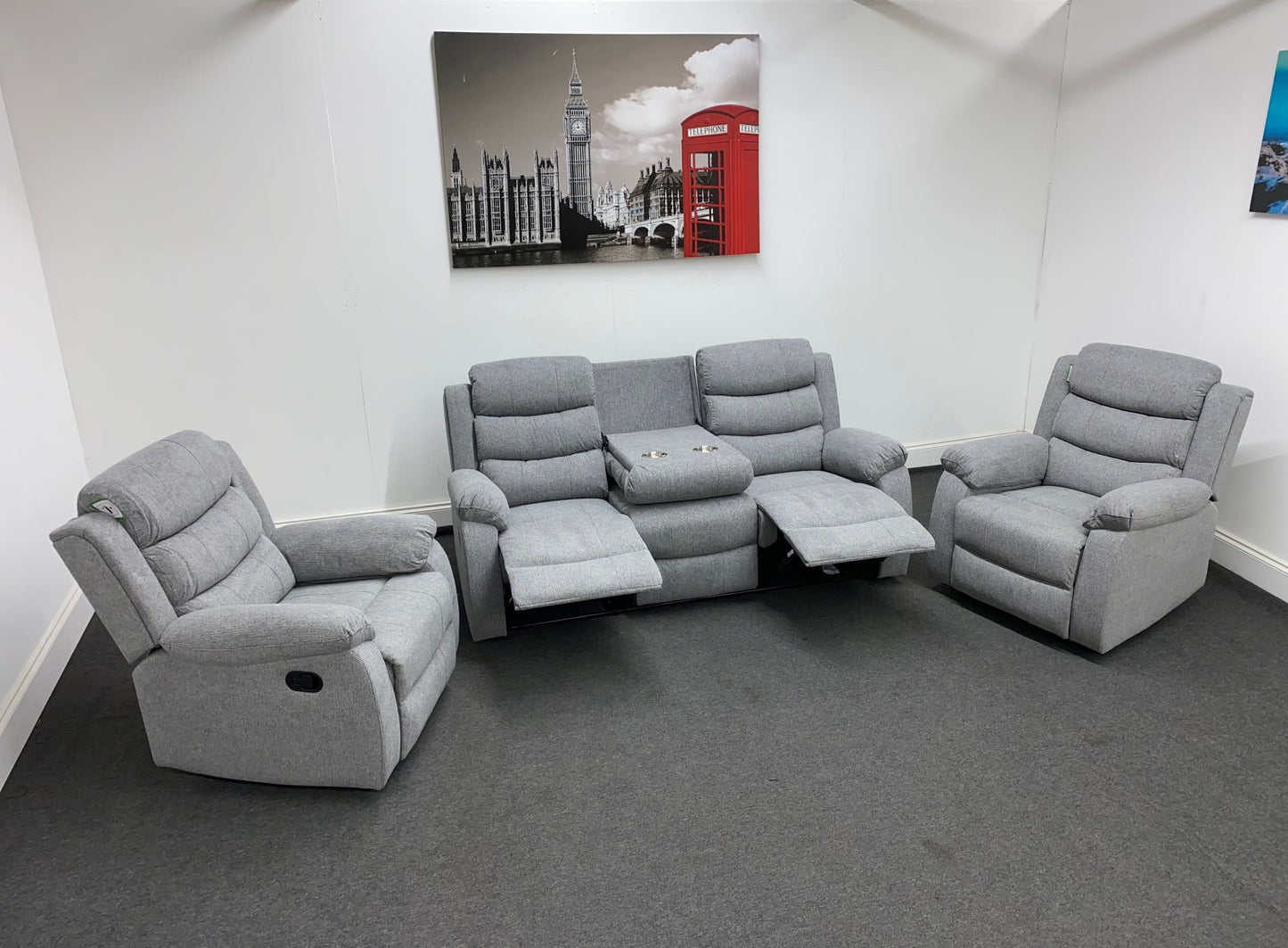 ‘Lewson’ Grey Fleck Fabric Recliner 3 + 1 + 1 Seater with Drinks Tray Table | Couch |