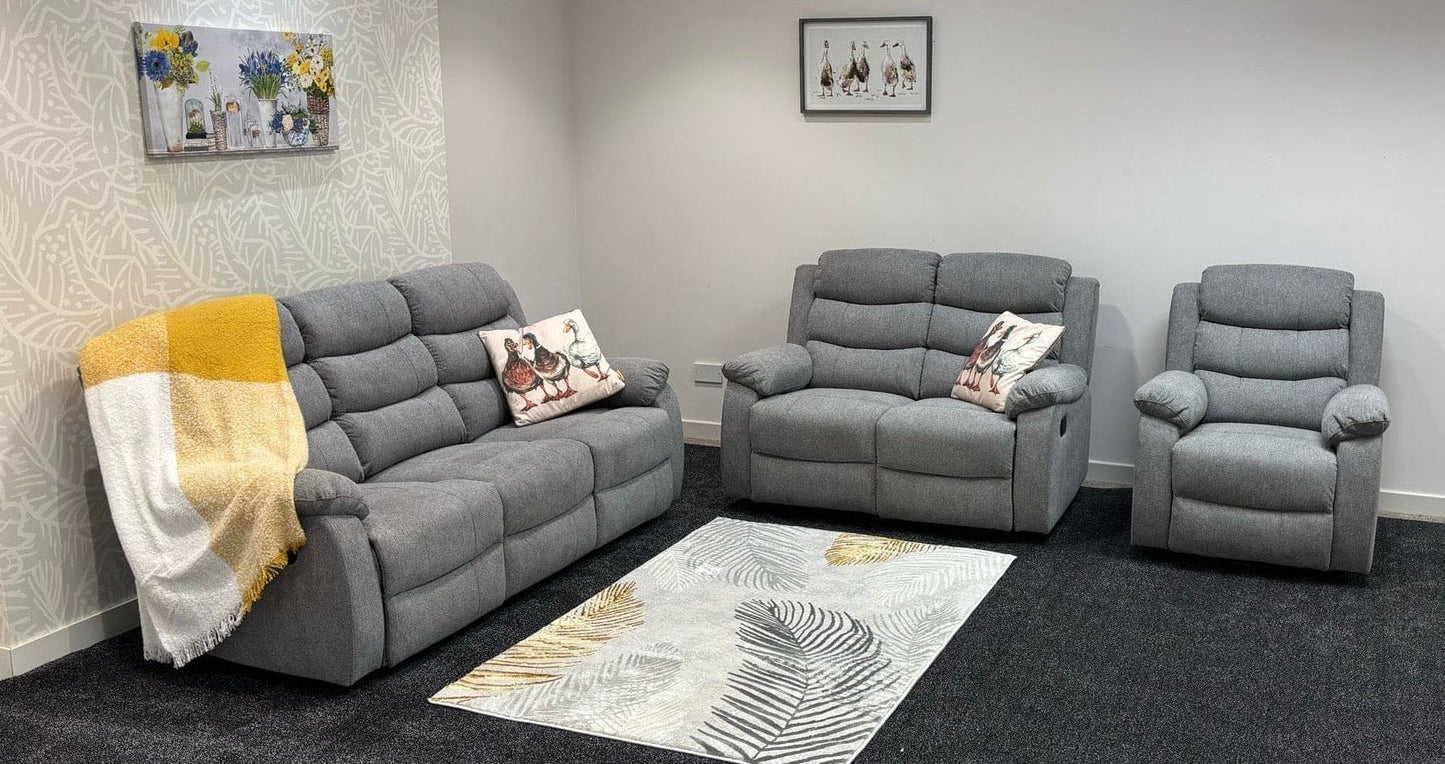 "Lewson" Electric / Power Reclining Grey Fleck Fabric Sofa Set - USB Charging & Drinks Tray Table | Couch |