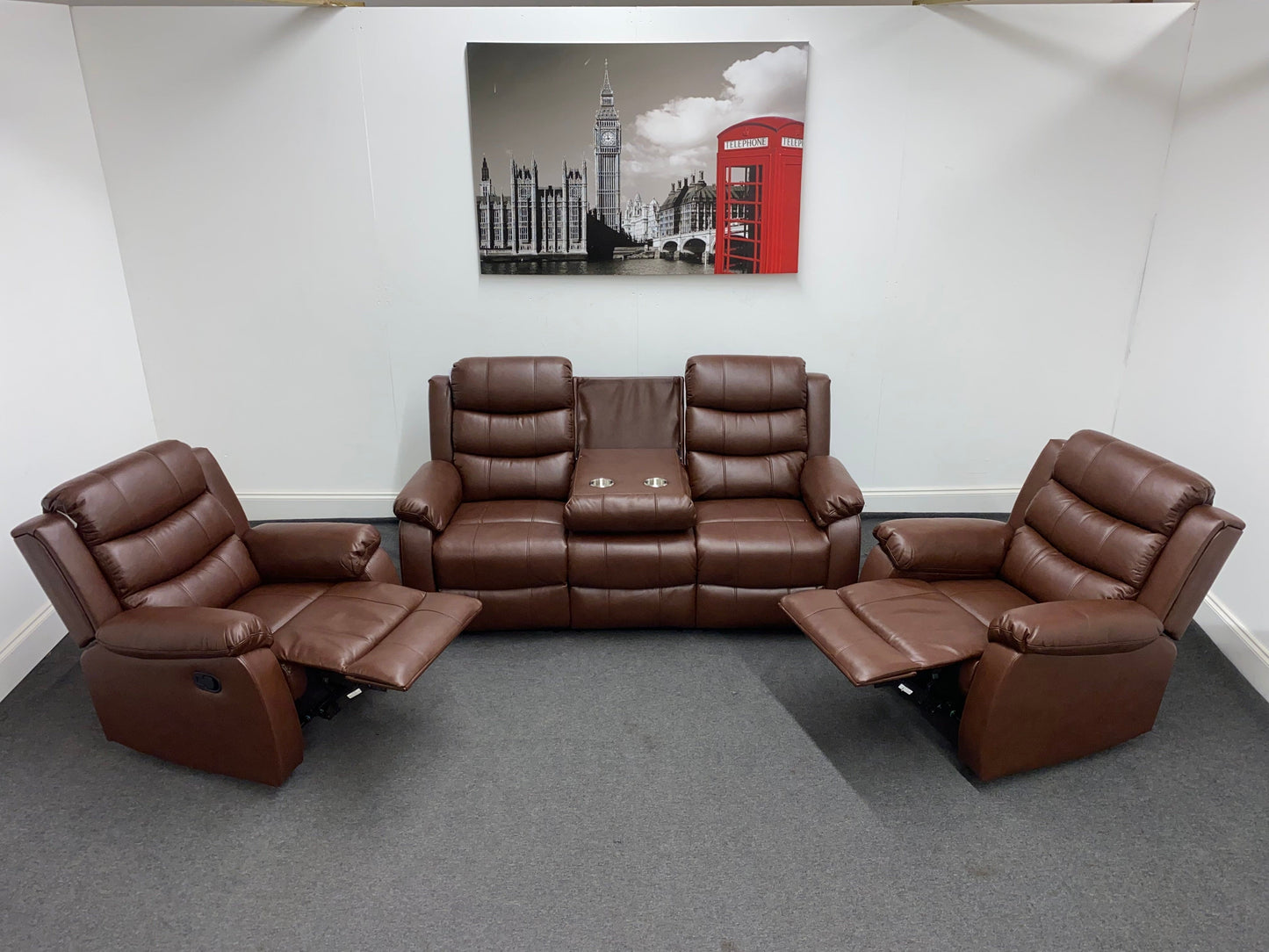 Lando Recliner Brown Leather 3 + 1 + 1 Seater Sofa (Couch) Set With Drop Down Drinks Table & 2 Stage Recliner Motion