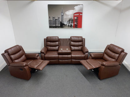 Lando Recliner Brown Leather 3 + 1 + 1 Seater Sofa (Couch) Set With Drop Down Drinks Table & 2 Stage Recliner Motion