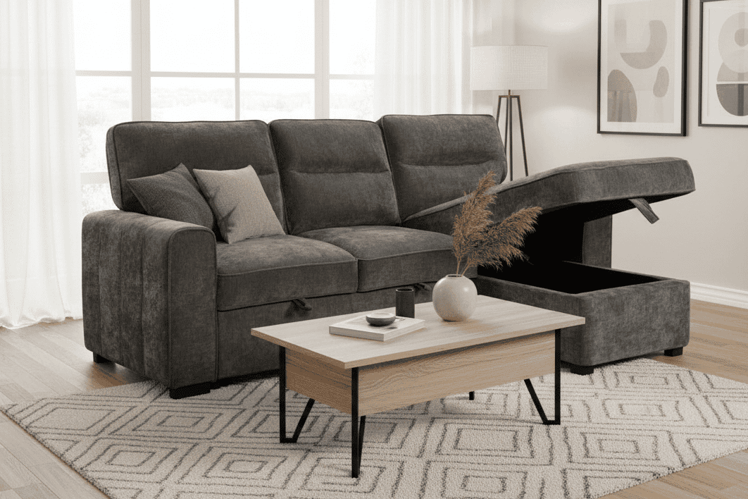 (Back in stock 15th August) 'Lionel' Charcoal Grey Fabric Right Hand Facing Corner Sofa Bed With Storage
