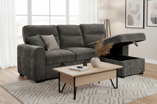 (Back in stock 15th August) 'Lionel' Charcoal Grey Fabric Right Hand Facing Corner Sofa Bed With Storage