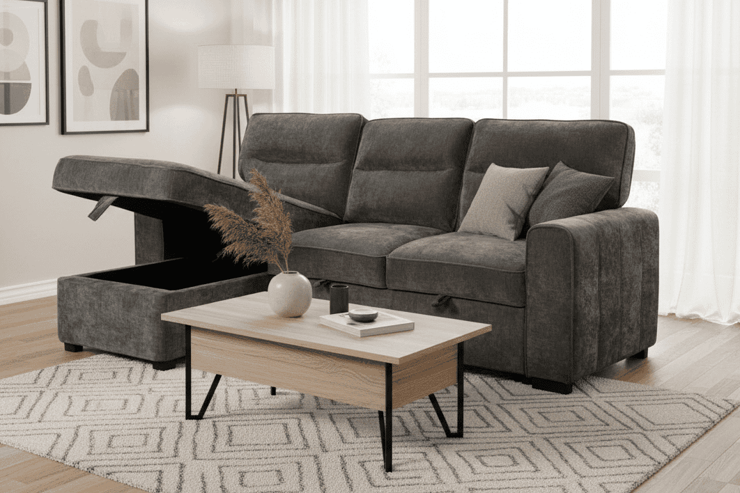 (Back in stock 15th August) 'Lionel' Charcoal Grey Fabric Left Hand Facing Corner Sofa Bed With Storage