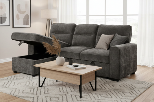 (Back in stock 15th August) 'Lionel' Charcoal Grey Fabric Left Hand Facing Corner Sofa Bed With Storage