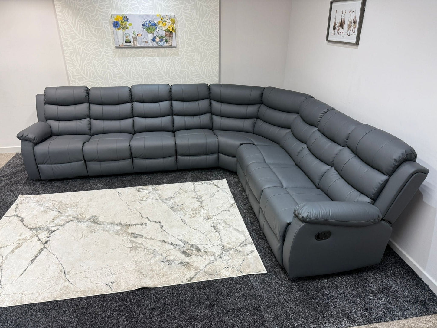 "Lando" Grey Leather 4C3 Recliner Corner Sofa Reversible | 2 x Drinks Tray Tables | Modular