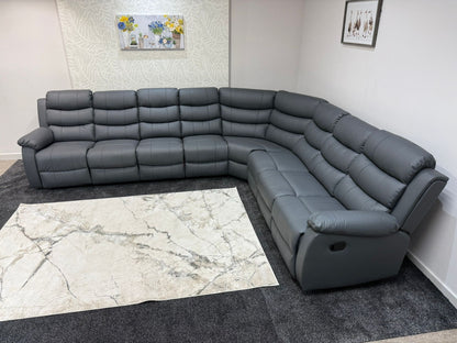 "Lando" Grey Leather 4C3 Recliner Corner Sofa Reversible | 2 x Drinks Tray Tables | Modular