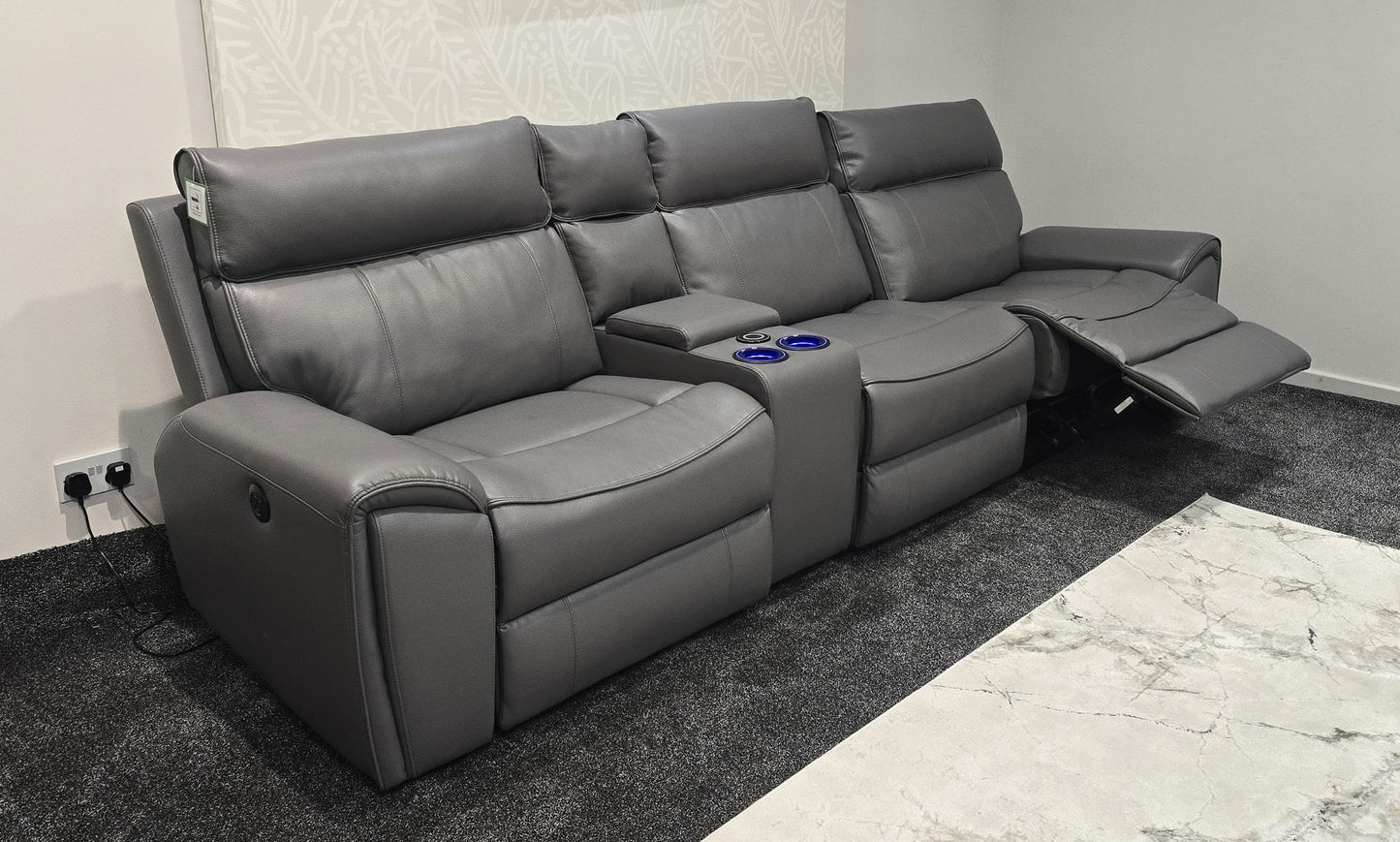 "Ronan" Reversible Cinema 5 Seater Sofa In Milano Grey Leather & With Electric Recliners, Drinks Coolers, Wireless Charging & Storage. Laf + Raf + Armless Tech Console