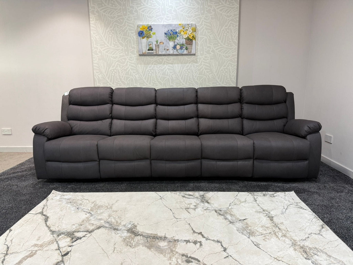 Willow Grey Easy Clean Fabric 5 Seater Sofa | 2 x Fold Down Tray Table, High Headrest & Seating Position Couch