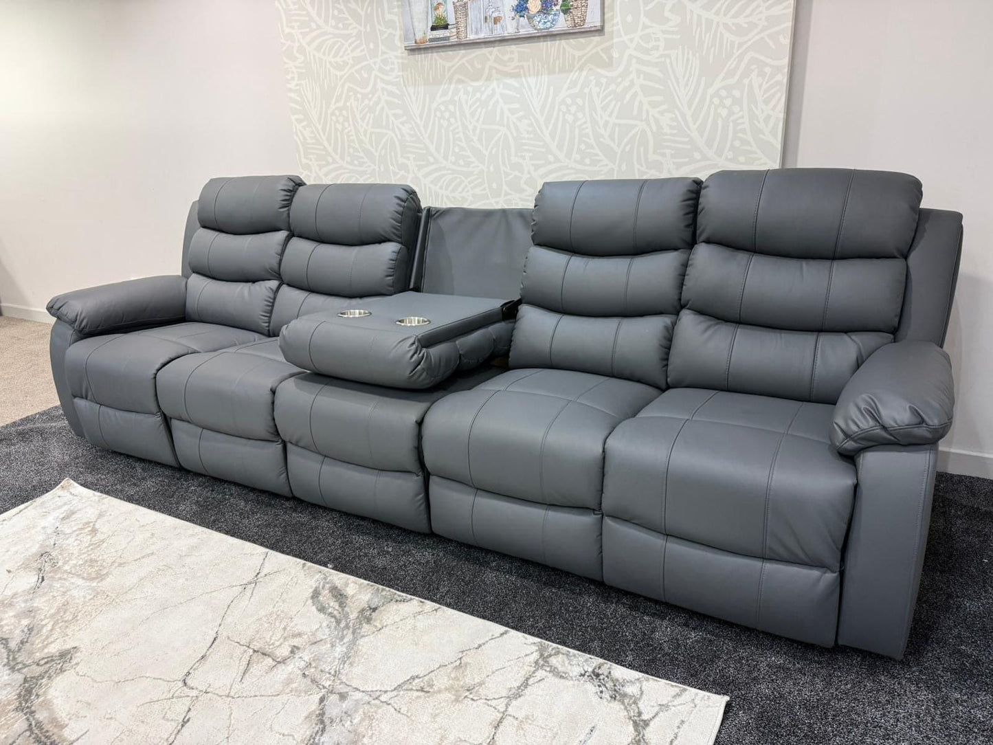 Lando Grey Leather 5 Seater Sofa | Fold Down Tray Table, High Headrest & Seating Position Couch