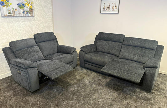 "Barretta" Electric / Power Reclining Grey Fabric Sofa Set - USB Charging & Drinks Tray Table