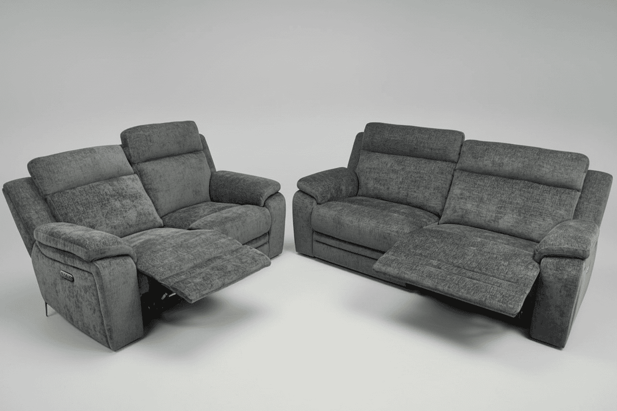 "Barretta" Electric / Power Reclining Grey Fabric 3 + 2 Seater Sofa Set - USB Charging Ports