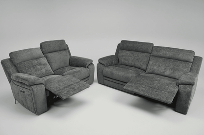"Barretta" Electric / Power Reclining Grey Fabric 3 + 2 Seater Sofa Set - USB Charging Ports
