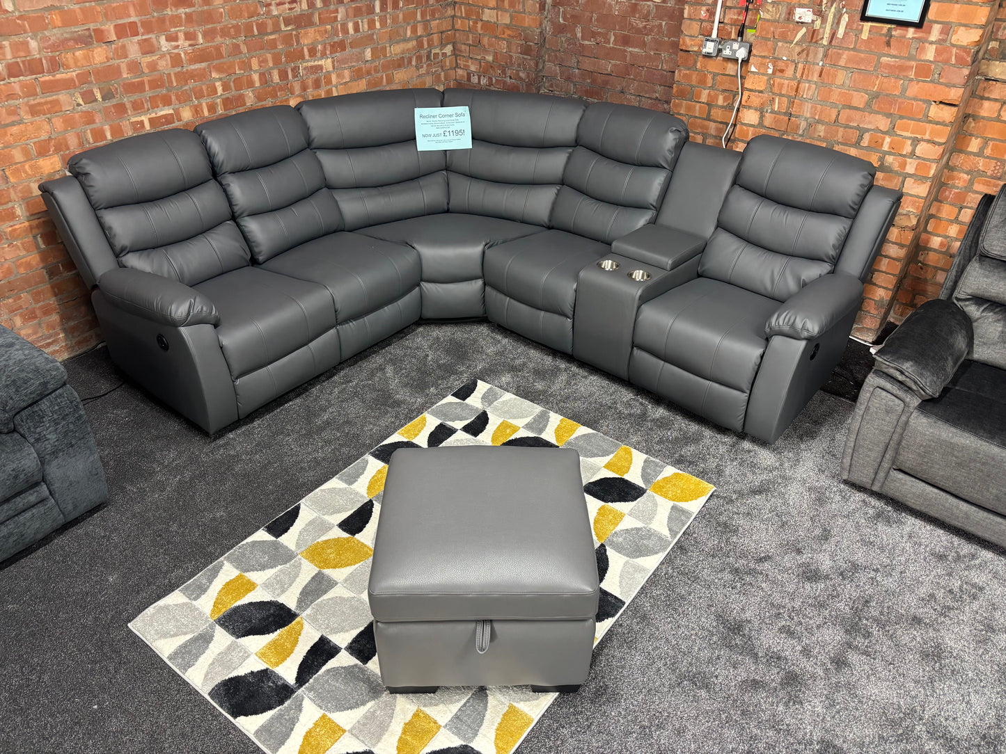 'Lando' Grey Leather Reversible Reclining Corner Sofa | Comes With A Storage Footstool, Drinks Console | Fold Down Tray Table | High Backrest & Seating Position | Couch |
