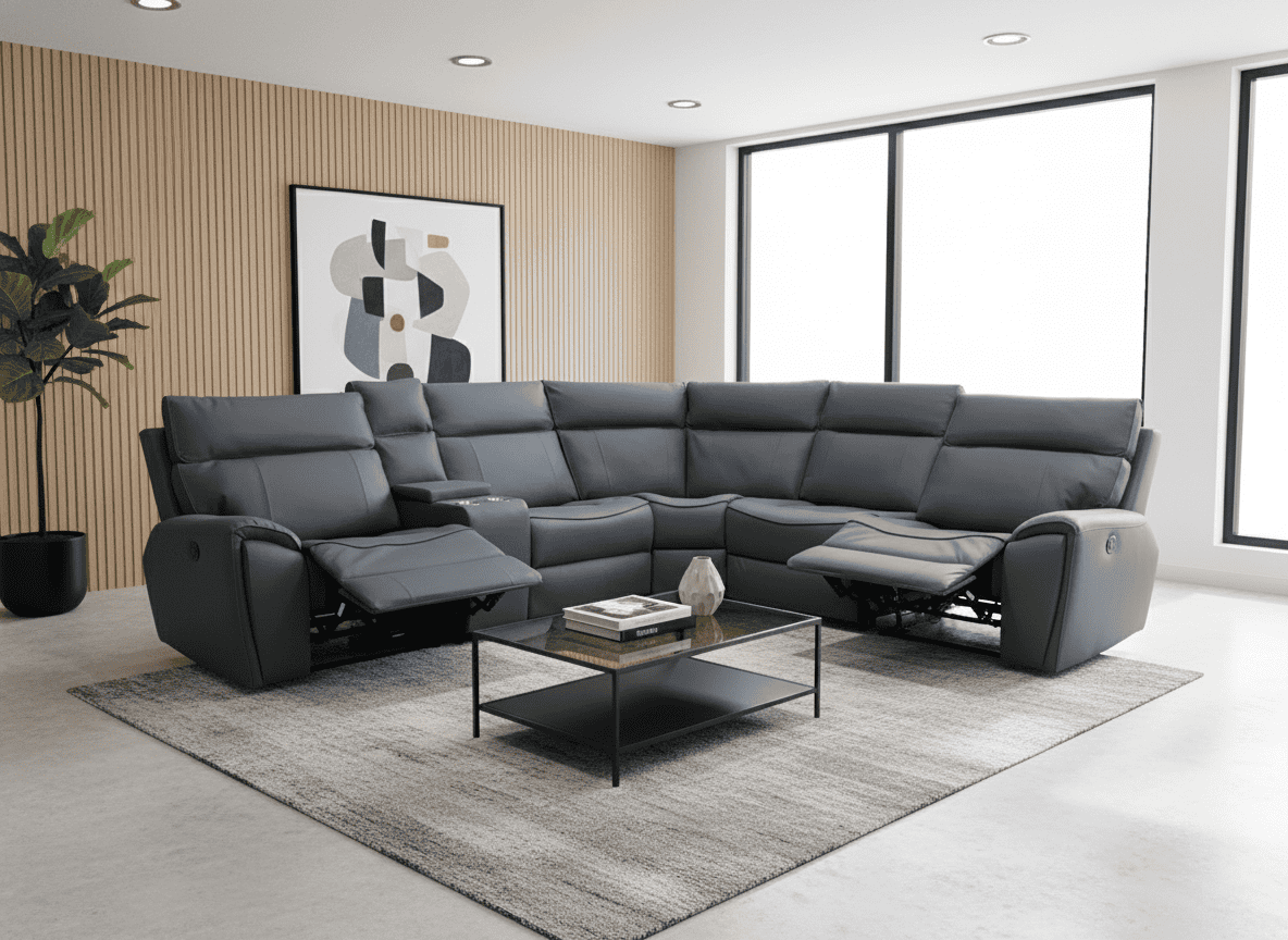 Ronan Easy Clean Microfibre Tech Fabric Electric Recliner 7 Seater 2c2c Corner Sofa + Drinks Console + USB Charging Ports | Couch