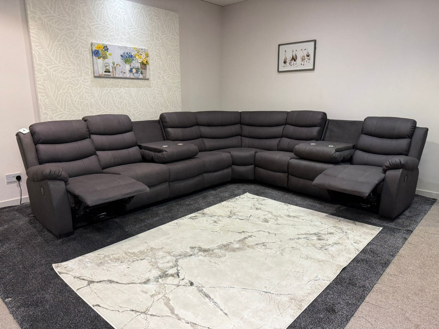 "Willow" Dark Grey Fabric 4C3 Recliner Corner Sofa | 2 x Drinks Tray Tables | Easy Clean Fabric | Modular