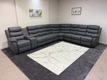 "Lando" Grey Leather 4C3C Recliner Corner Sofa Reversible | 2 x Drinks Tray Table | Modular