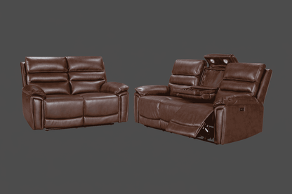 DFS Lawson Brown Leather Electric Reclining Sofa Range Suite Set With USB Charging Ports & Drop Down Tray Table