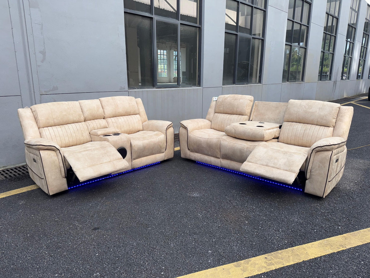 (Pre Order Promo Deal!) Geneva Beige Easy Clean Suede Fabric 3 Seater + 2 Seater With Tech Console + Armchair Set | Online Only