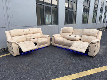 (Pre Order Promo Deal!) Geneva Beige Easy Clean Suede Fabric 3 Seater + 2 Seater With Tech Console + Armchair Set | Online Only
