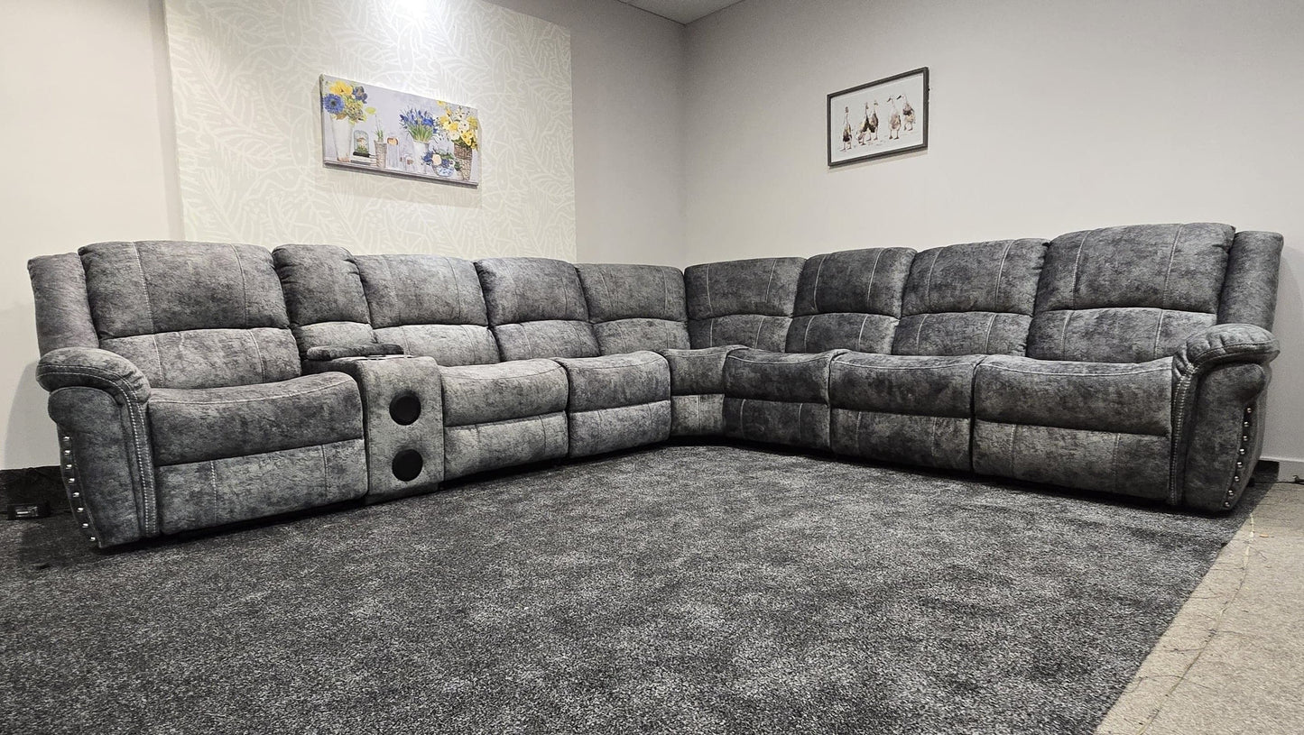GALAXY Grey Plush Velvet Fabric Electric Reclining 3C3C Corner Sofa | Cooling Cupholders & USB Ports