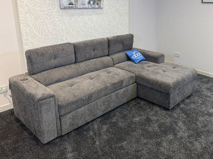 RHF Grey Fabric Sofa Bed + Storage Ottoman + Adjustable Headrests + Drinks Holder + Wireless Charger