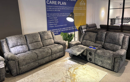GALAXY tech Grey ELECTRIC Plush Velour Velvet 3 + 2 Seater With Drinks Console Reclining Sofa Set Plus USB Charging Ports and drinks coolers cup holders