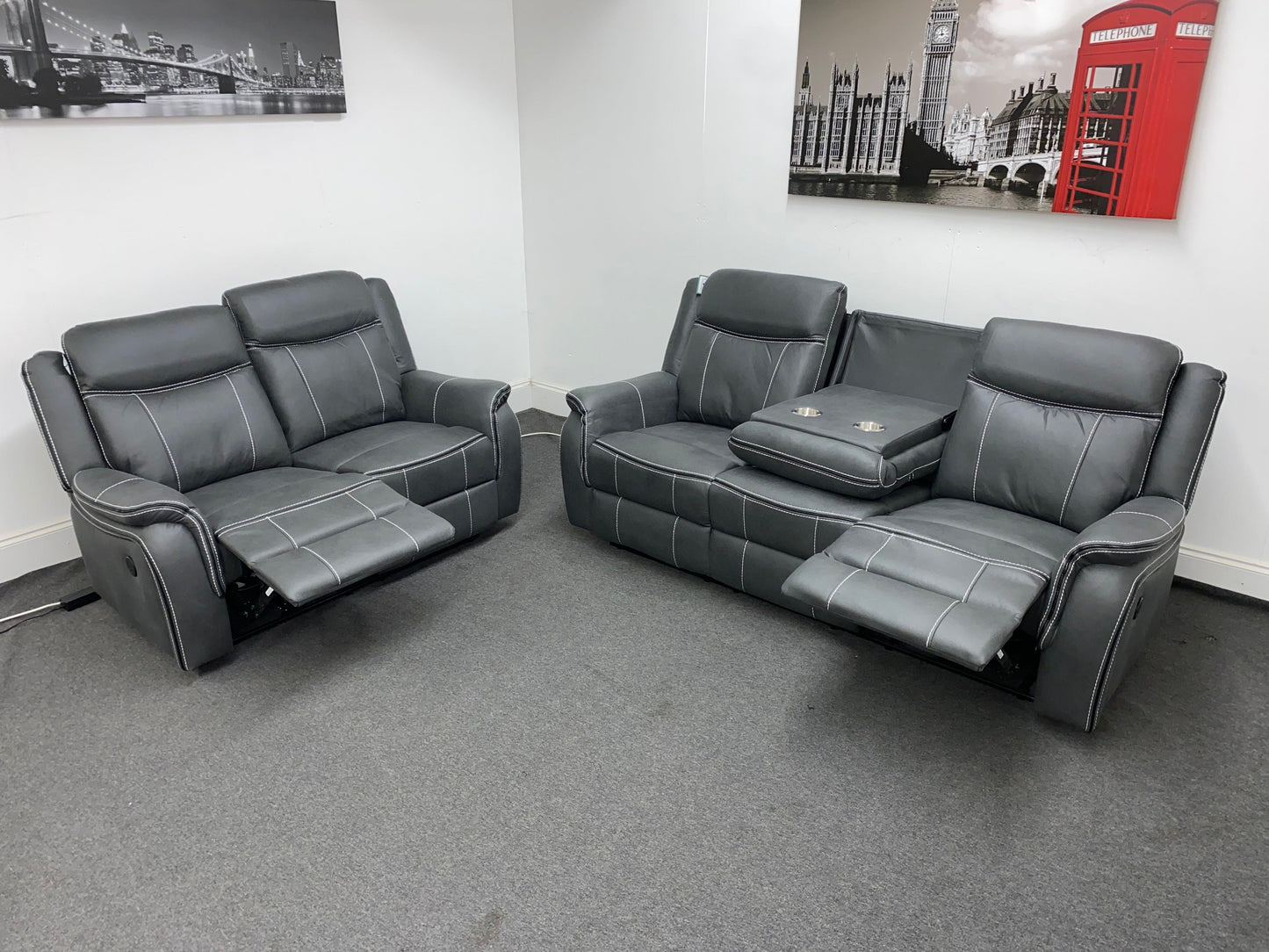 " Sloane Vision " Grey Water Resistant Microfibre Fabric 3 + 2 Seater Electric / Power Recliner Sofa Suite Set With USB Ports & Drop Down Tray Table | Couch |