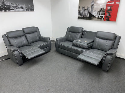 " Sloane Vision " Grey Water Resistant Microfibre Fabric 3 + 2 Seater Electric / Power Recliner Sofa Suite Set With USB Ports & Drop Down Tray Table | Couch |