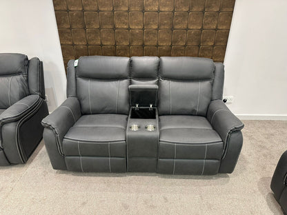 " Mason " Grey Microfibre Fabric 2 Seater With Drinks Console Electric / Power Recliner Sofa Suite + USB Ports